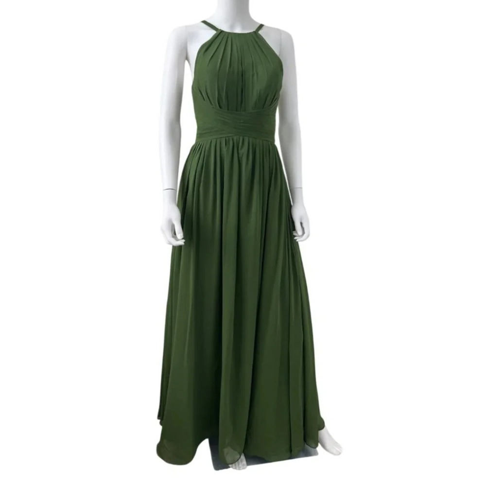 Forest Green Chiffon Halter Maxi Dress Size 2 Lace Up Formal Homecoming Prom - Picture 2 of 10